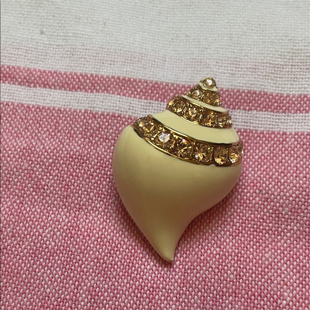 KJL Shell Brooch Ivory White Enamel Pink Rhinestone Pin Vintage Coastal Brooch